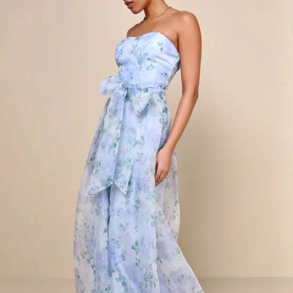NWT Lulus Charming Sweetness Periwinkle Blue Floral Strapless Organza Maxi Dress - Picture 1 of 10
